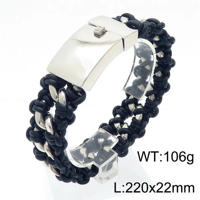 KALEN Punk Fine Jewelry Fashion Bracelets Men Stainless Steel Micro Fiber Leather Skull Links Bracelet Bangle