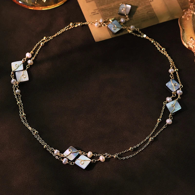 Natural Pearl Rhombus Shell Sterling Silver Ear Hook Necklace Bracelet Luxury Design Women's Jewelry Set Accessories GS0209