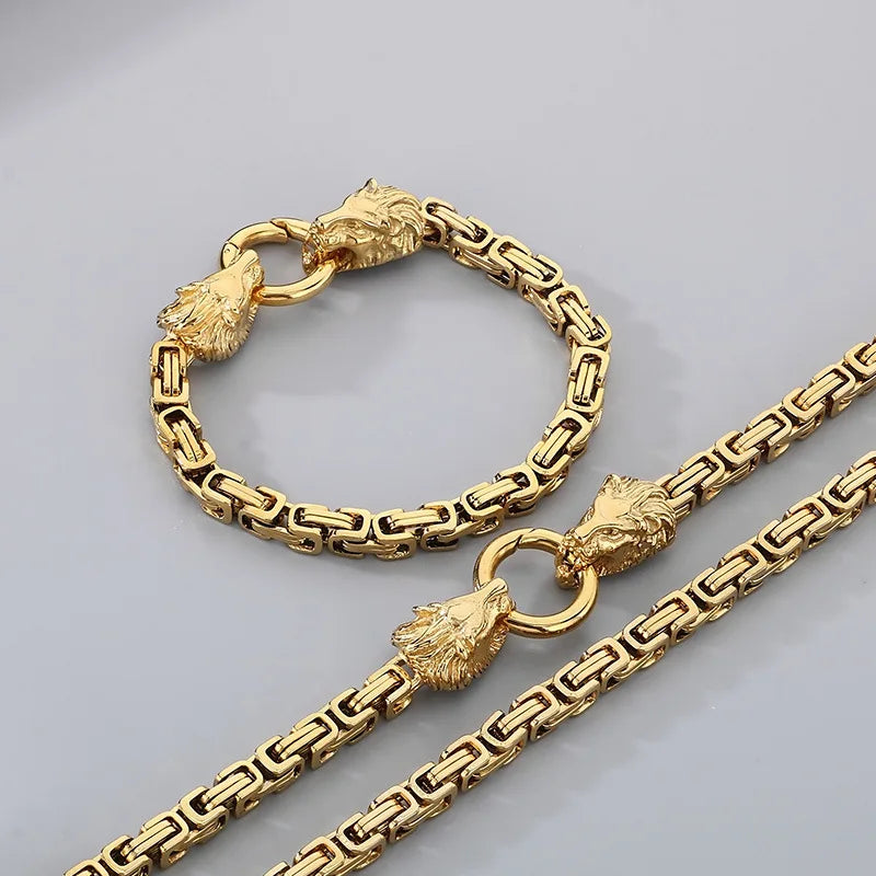 REBEL CY Hip-Hop Style Bold Lion Head Stainless Steel Bracelet Trendy Versatile Men's Imperial Chain Necklace Set Jewelry
