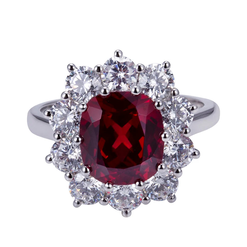 Messi Jewelry MSR-955 S925 Lab Ruby Cushion Cut Ring Flower Design Engagement Ring Wedding Band Classic Gift