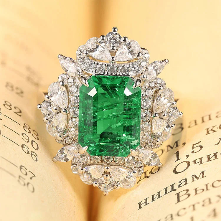 Gemfiori Vintage Jewelry Ring Lab Grown Emerald Rings Solid Gold 14K 18K Statement Rings Charm Christmas Gift Diamonds