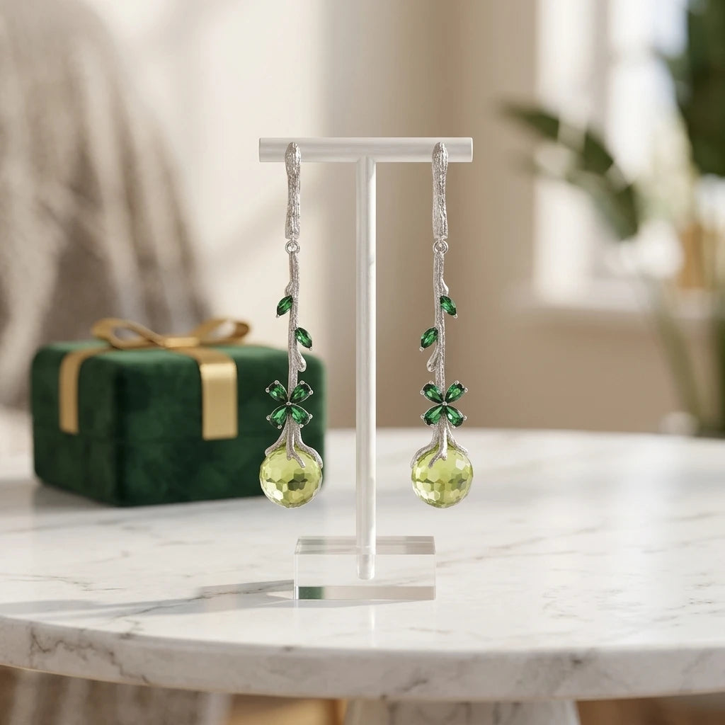 Green Zircon 925 Sterling Silver Classic Earrings for Women with Rhodium Plated Wedding & Party Gift