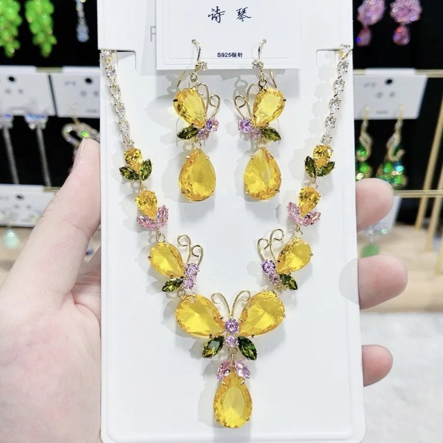 K071 High Quality Women Trendy Luxury Butterfly Yellow Zircon Bridal Necklace Earrings Set Wedding Elegant Jewelry Set
