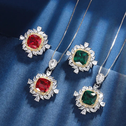 Gemfiori New European and American Retro Emerald Zircon Pendant Ring Sunflower Luxurious High-end Jewelry Set