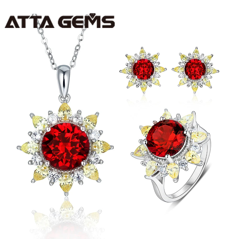 925 Sterling Silver Engagement Round ShapedRed Ruby Gemstones Jewelry Sets Pendant Earring Wedding Two Piece Women Jewelry Sets