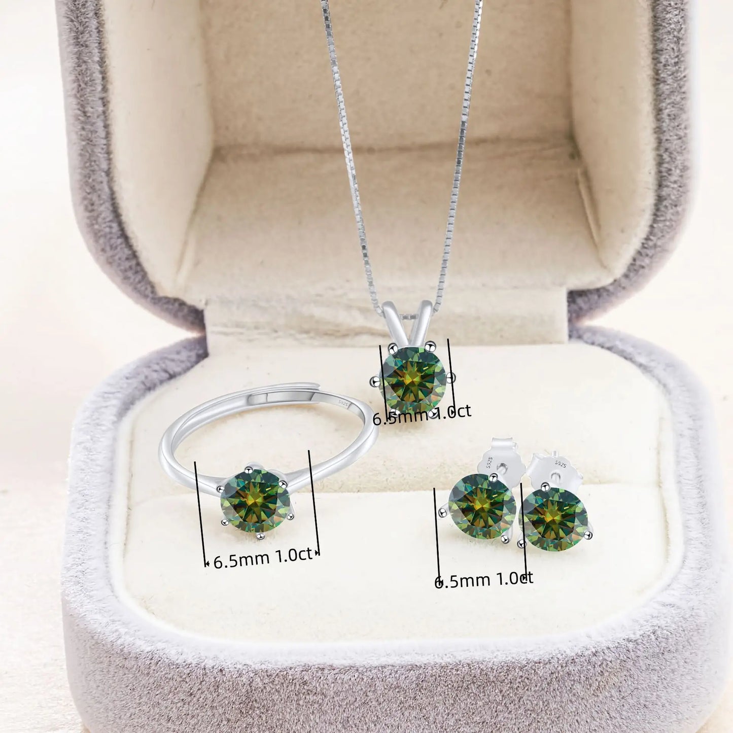 Simple D Color VVS1 GRA 1CT Round Cut Colored Moissanite Jewelry 925 Silver Wedding Ladies Necklace Earrings Ring 3 Piece Sets