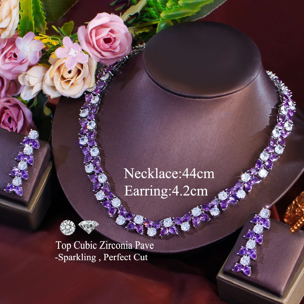 High Quality African Sliver Plated Cubic Zirconia Necklace Earrings Bridal Luxury Purple Jewelry Set for Women Wedding Party