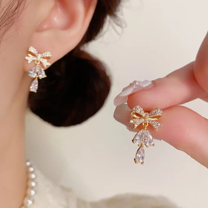 Luxurious Fashion Bow Knot Necklace and Earrings Set with Zircon Classic Real Gold Plated Jewelry Set for Women