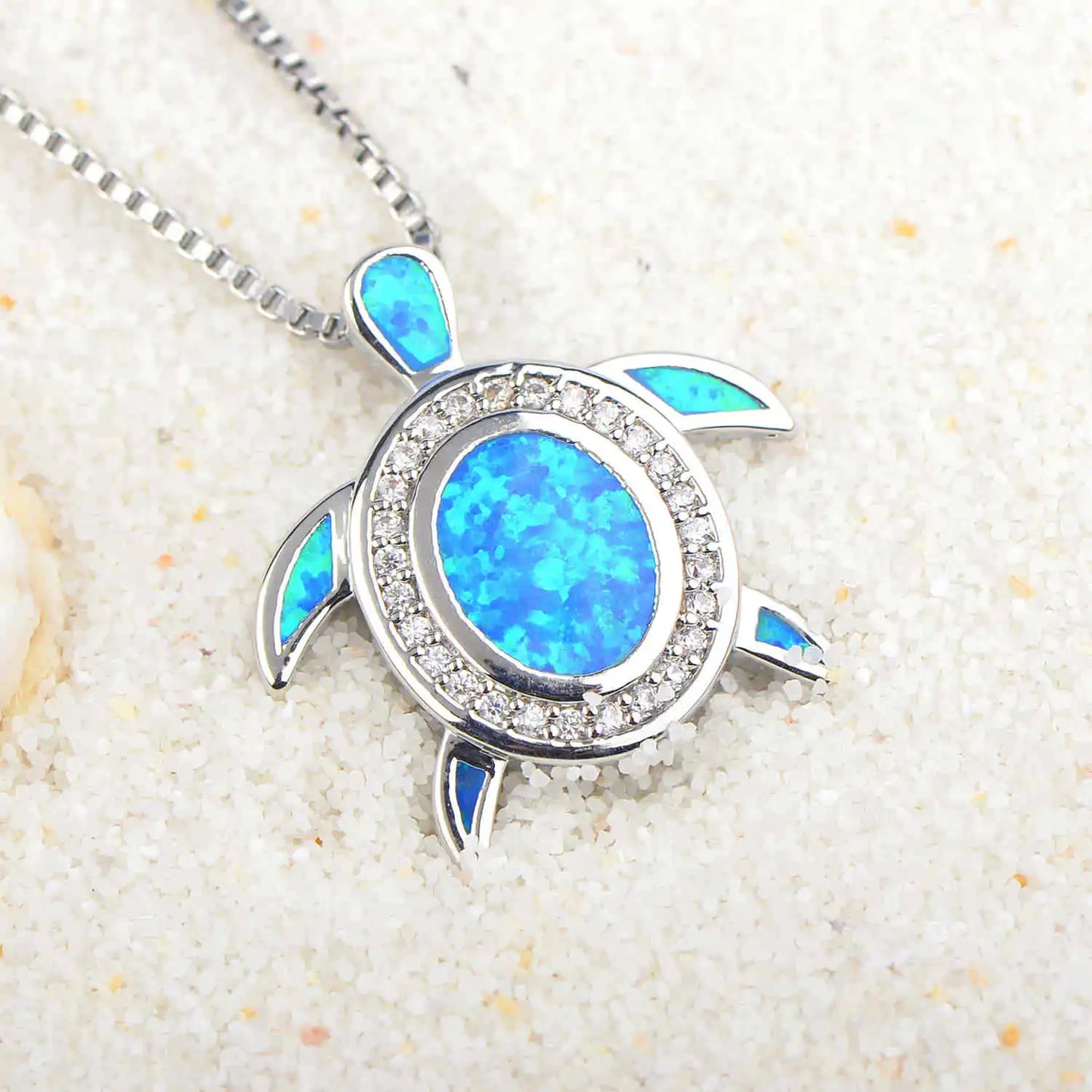 Aobao New Ocean Series Blue Opal Turtle Necklace, Turtle Pendant Sweater Chain, Opal Necklace