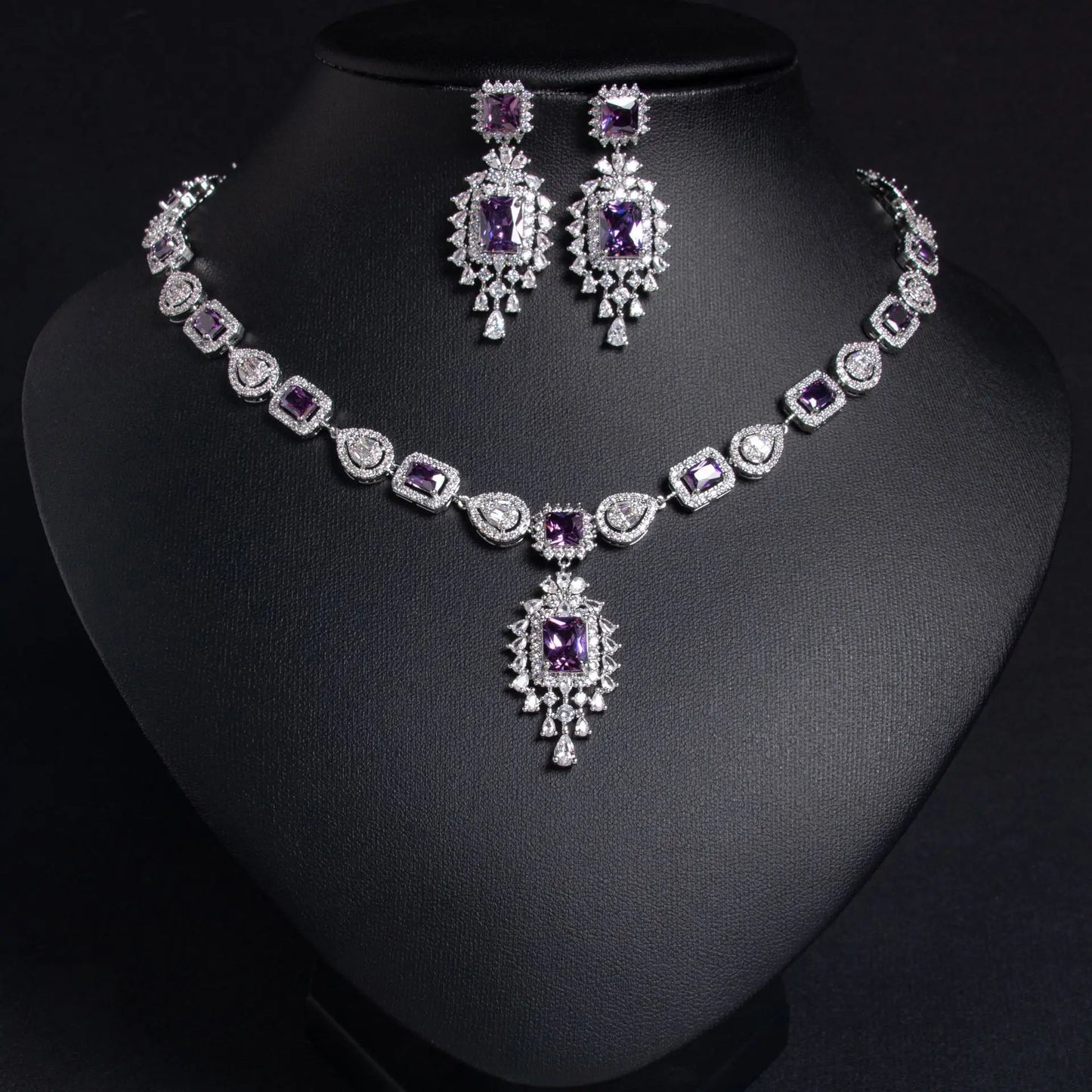 Luxury Princess-Cut Zirconia Rectangle Necklace & Earrings Bridal Set — Rhodium Plated