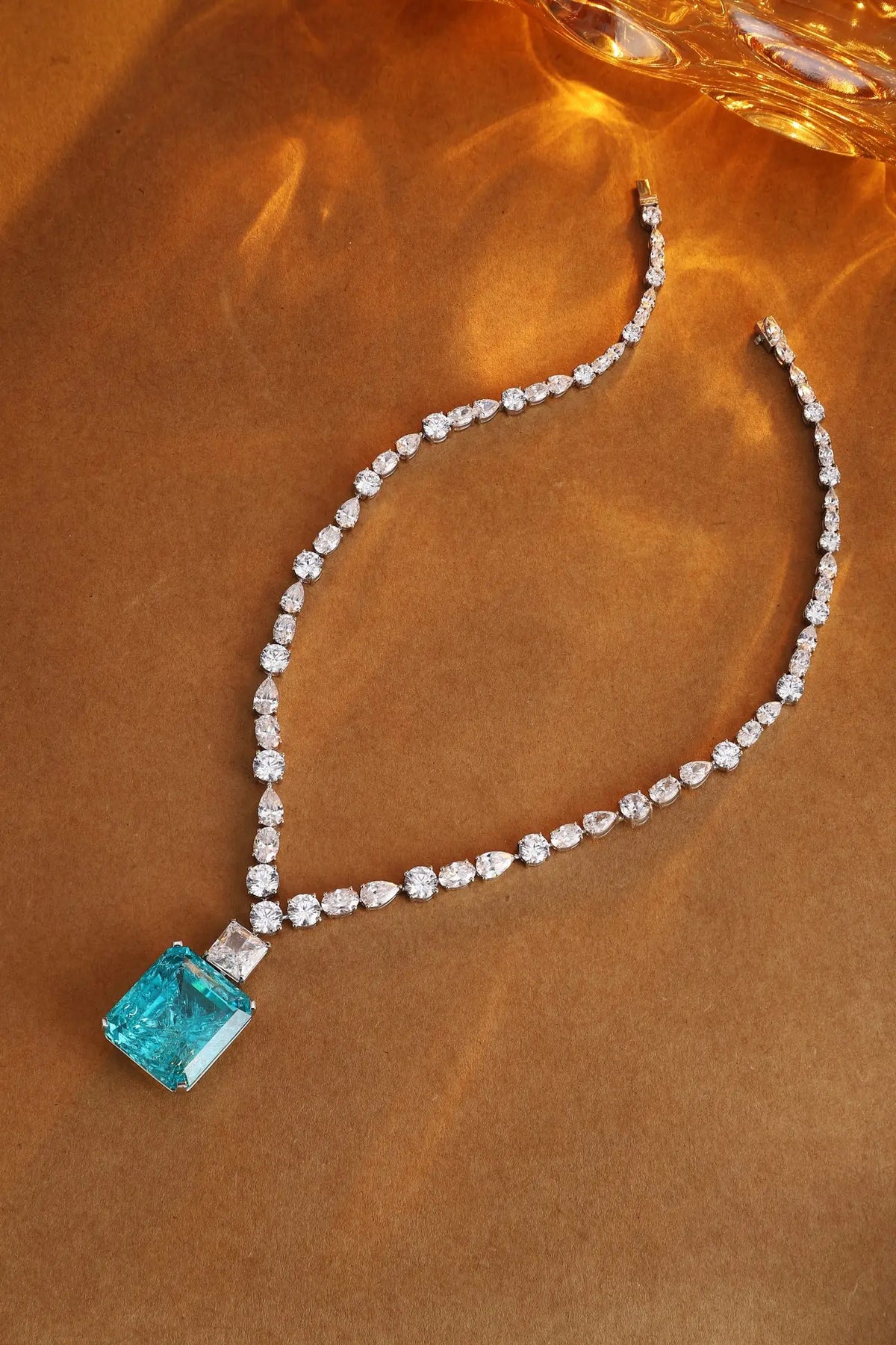 Gemfiori Anster Paraiaba Mian Stone Emerald Cutting Silver Necklace Attractive Length 87.36 Ct Customizable Style Women's Necklace