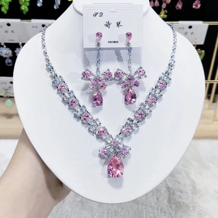 K075 High End Women Trendy Luxurious Butterfly Yellow Zircon Bridal Necklace Earrings Set Wedding Elegant Jewelry Set