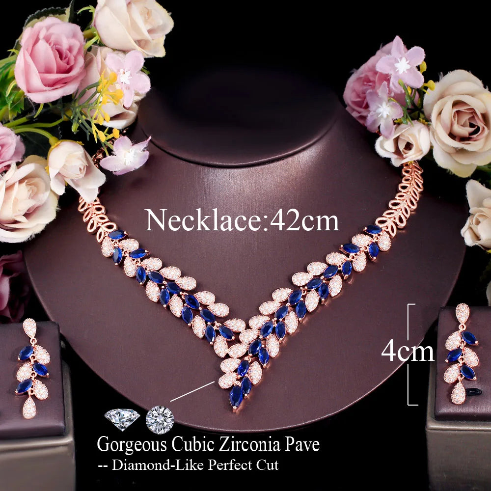 Premium Cubic Zircon Necklace Earring Luxury Leaf Design Dubai Gold Color Jewelry Set for Women Engagement Party Accessories