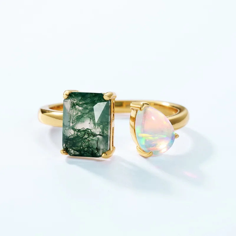 925 Sterling Silver Natural Moss Agate Opal Jewelry Set 14K Gold Plated Emerald Cut Jewelry Set for Women