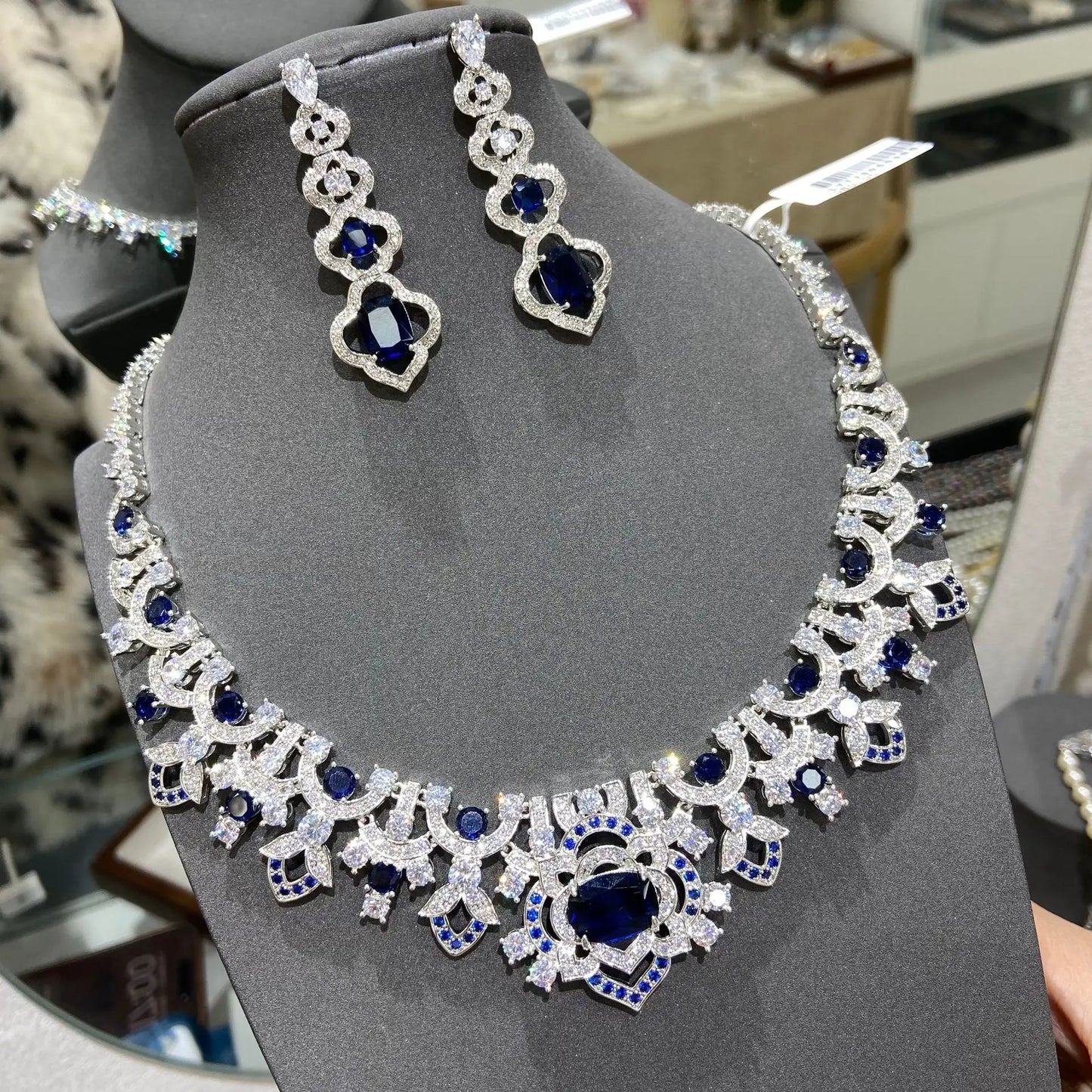 Luxury Blue Zirconia Vintage Flower Statement Necklace & Drop Earrings Set — Rhodium Plated
