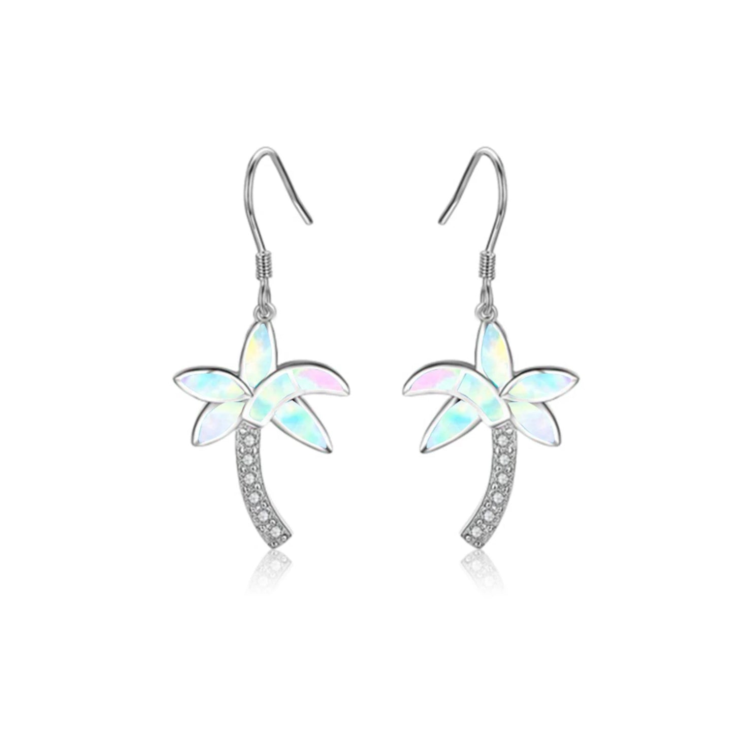 Tropical Palm Tree Opal Drop Earrings - Iridescent Opal Fronds & CZ Trunk Design | Vacation-Chic Daily Jewelry Bulk Gifts