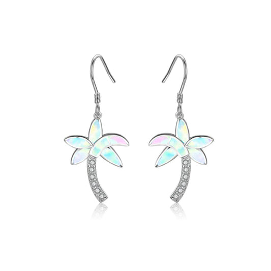 Tropical Palm Tree Opal Drop Earrings - Iridescent Opal Fronds & CZ Trunk Design | Vacation-Chic Daily Jewelry Bulk Gifts