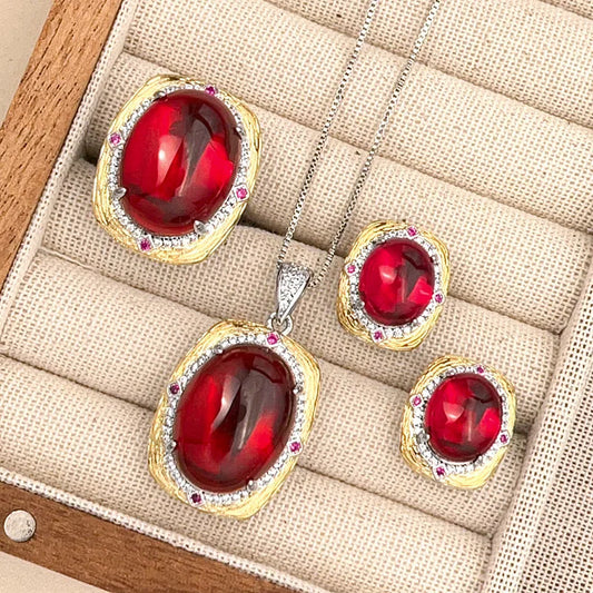 Gemfiori Retro Women's Oval Pigeon Blood Red Crystal Cubic Zircon Earrings High-end Banquet Dress Accessories