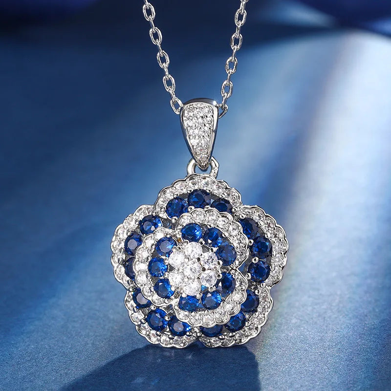 Gemfiori French Retro Exquisite Sparkling Three-dimensional Blue Camellia Pendant Ring Earrings Light Luxury Elegant Set