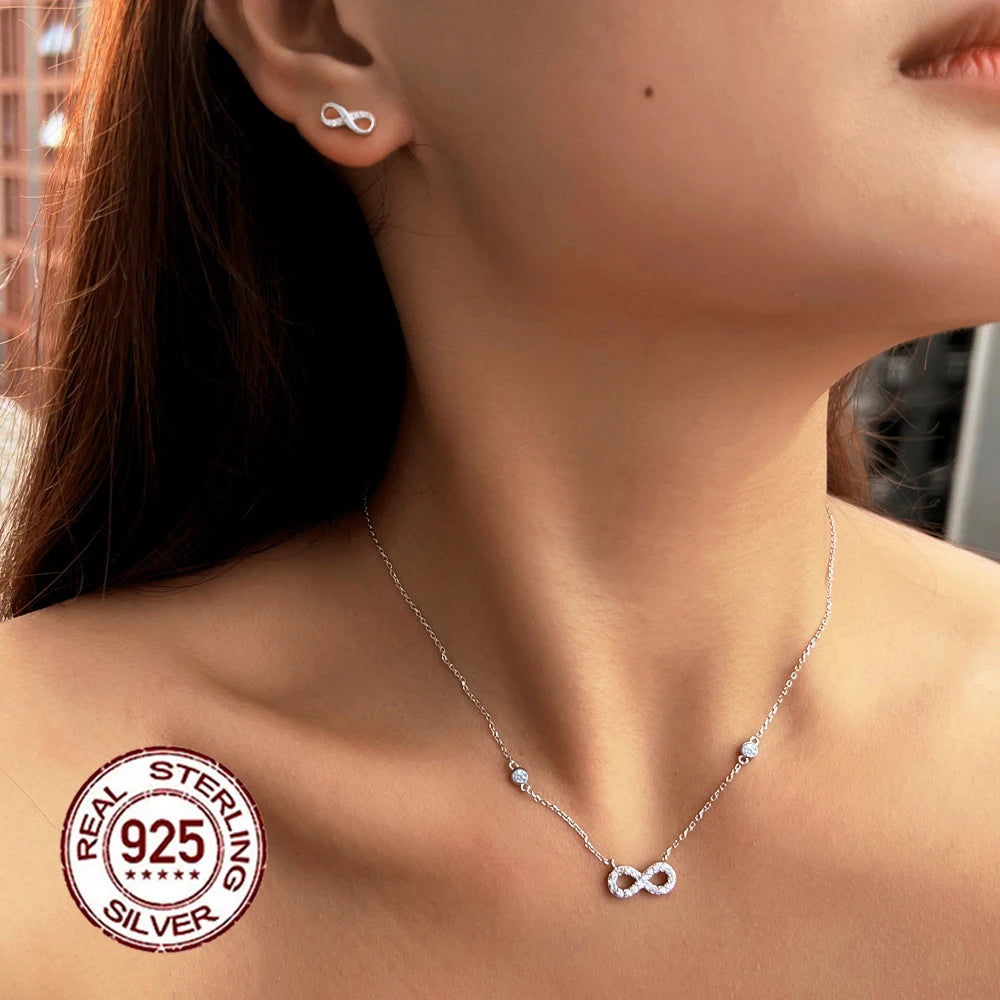 Pretty Endless Symbols Shaped Necklace and Earrings Cubic Zircon CZ Real S925 Sterling Silver Jewelry Set for Women Girl Gifts