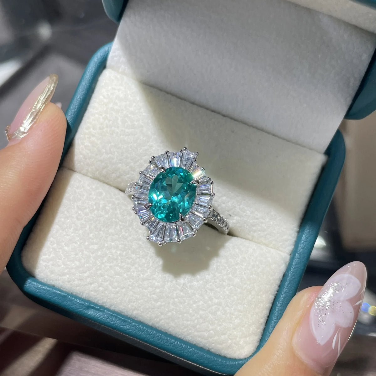 Royal Sky Blue Gemstone Halo Jewelry Set Rhodium Plated S925 Silver Lab Created Paraiba Tourmaline Wedding Party Statement Piece