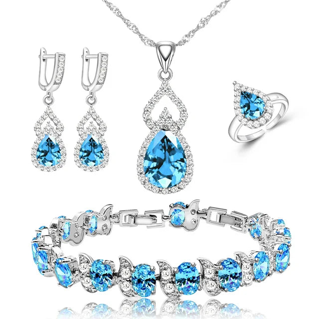 XOTICA Women's Classic Platinum Plated Silver 925 Custom Jewelry Sets Red Zircon Earrings Necklace Ring Bracelets for Engagement