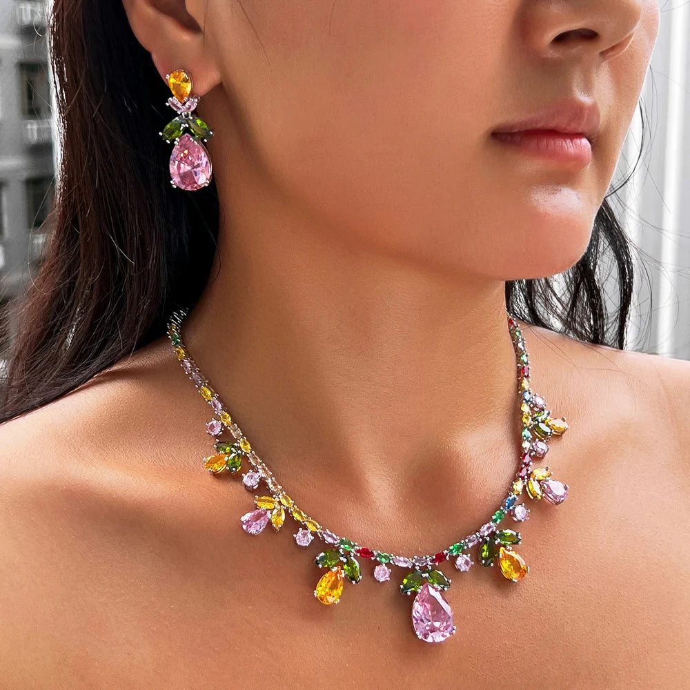 Luxury Cubic Zircon Necklace and Earrings Colorful Jewelry Set for Women Banquet Dress Accessories