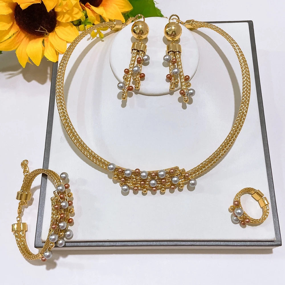 Zhuerrui African Italian Gold Plated Jewelry Set Bold Ribbed Twisted Geometric Choker for Women Wedding Banquet HS26006