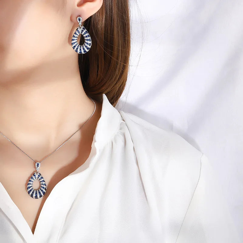 Durable Eco-friendly Brass 12*14mm Blue Zircon Teardrop Necklace and Ear Ring 3PCS Set Elegant Women Jewelry Sets