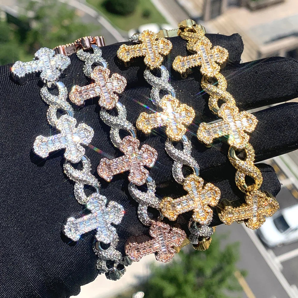 S&S Custom 3 Tone Silver Plated Hip Hop Jewelry Iced Out Bling 5A CZ Multi Cross Infinity Link X Shape Cuban Chain Bracelet for Men