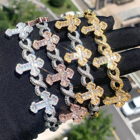 Custom 3 Tone Silver Plated Hip Hop Jewelry Iced Out Bling 5A CZ Multi Cross Infinity Link X Shape Cuban Chain Bracelet for Men