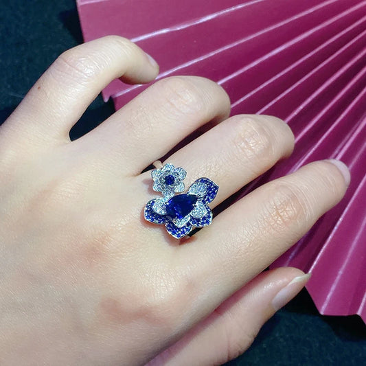 Gemfiori Female Luxurious Flower Ring Resizeable Blue Sapphire Diamond 14k 18k Rings in Solid Gold