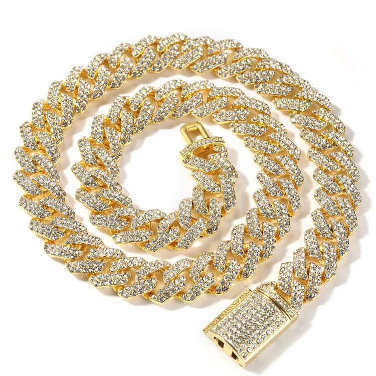 BiG-BOSS Austrian Rhinestone Quality Fashion Moon Iced Out 18mm Hip Hop Link Necklace Prong Cuban Link Chain Jewelry for Men with Clasp