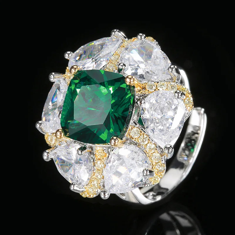 Gemfiori Vintage Fashion Emerald Pendant Earrings Necklace Earrings Ring Set Luxury Women's Ring Crystal Zircon Aesthetic Gift