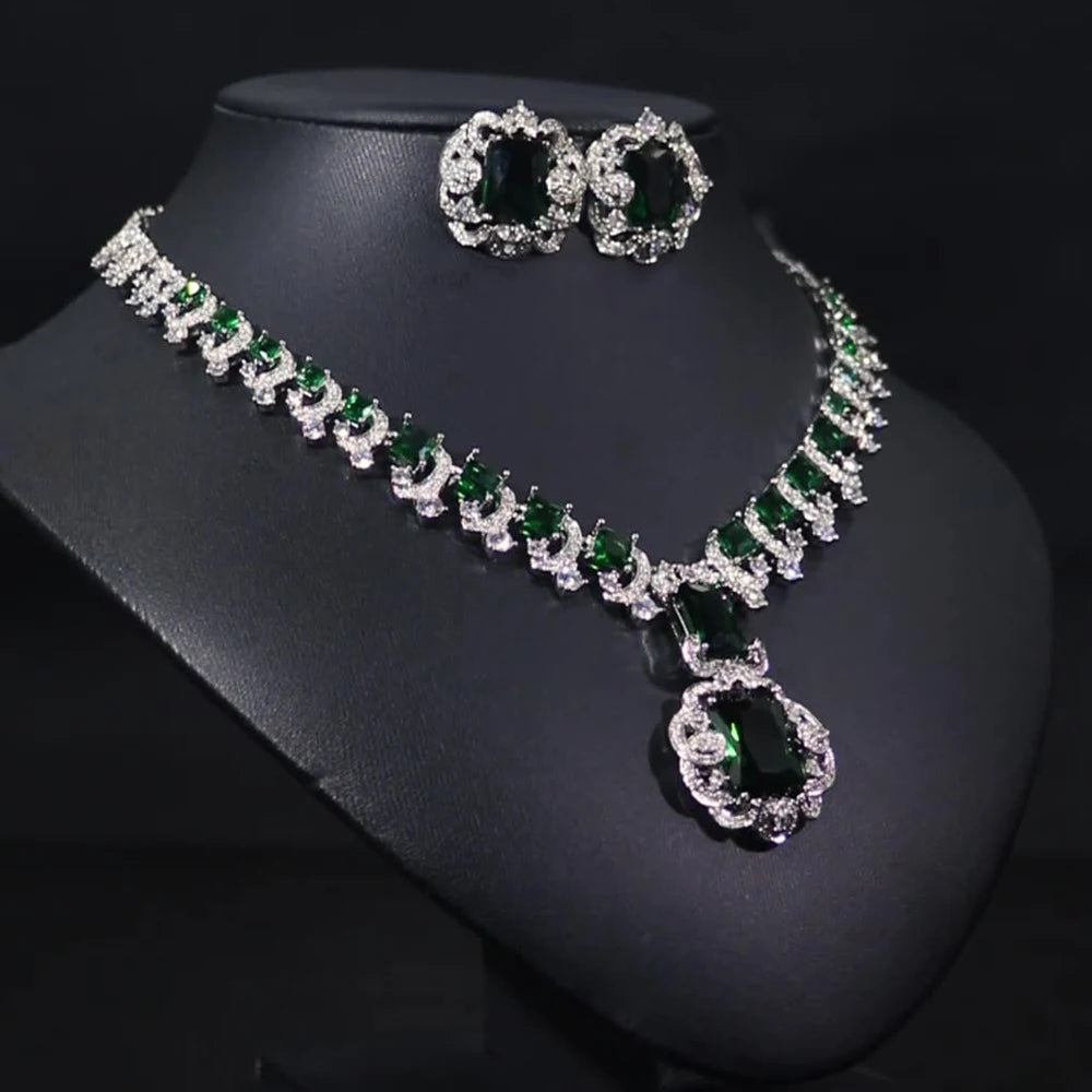 Gemfiori High Quality Luxury Square Pendant Necklaces Earring Sets Ladies Sparkling Zircon Stud Earrings Wedding Engagement Party Jewelry