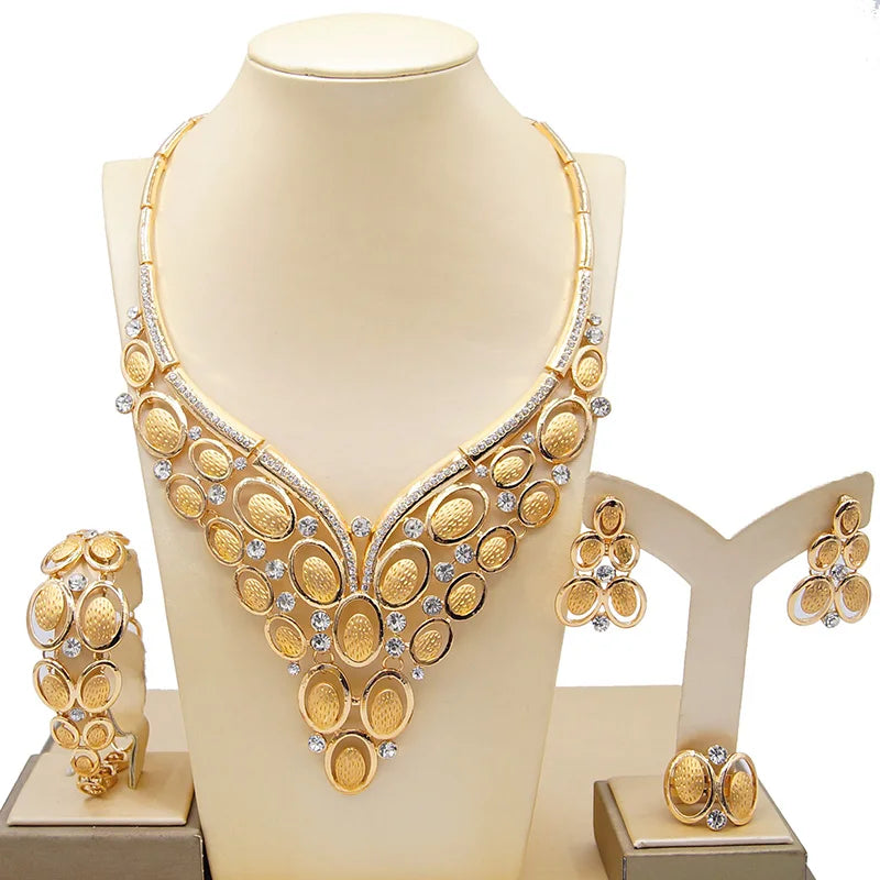 Zhuerrui New Romantic Bridal Jewelry Set Luxurious Exquisite 24K Gold Plated African Noble Wedding Necklace Ring Set of Four