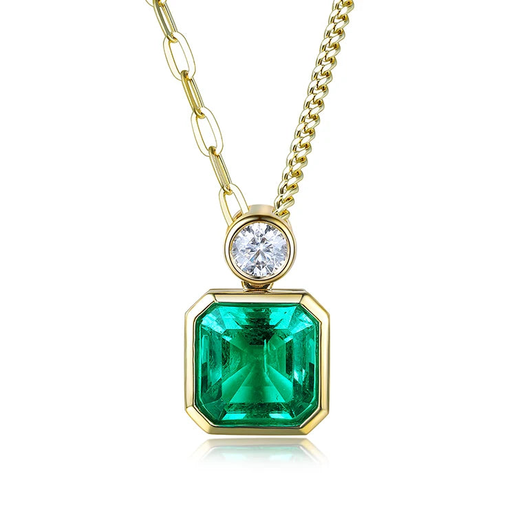 Gemfiori Trendy 3CT Square Shape Lab Grown Emerald Real Gold Chains Jewelry 18k Solid Gold Necklace