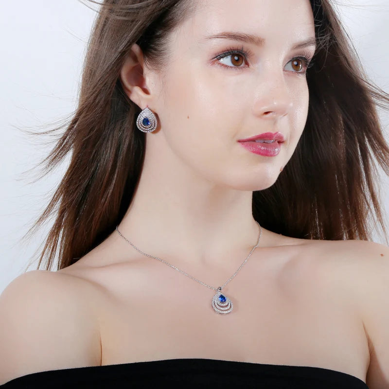 Elegant Earrings and Necklace Ladies Blue Cubic Zirconia Stone Teardrop Fashion Party Jewelry Set for Girls Women Daily Wear