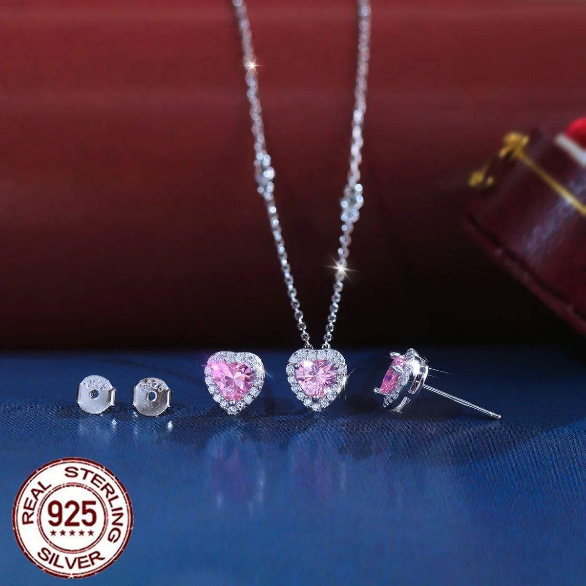 925 Sterling Silver Rhodium Plated CZ Pendant Necklace & Earrings Set with Pink Heart Cut for Women-Wedding Engagement Gift