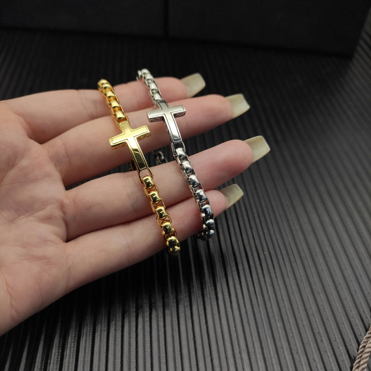 FASHIONISTA DY High-Quality Silver-Plated 5MM Box Chain Cross Bracelet, Gold-Plated 5mm Bracelet, Jewelry