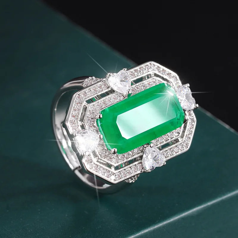 High Quality Eco-friendly Copper 8*16MM Emerald Green Cubic Zirconia 3 Piece Wedding Bridal Ring Necklace Set for Party
