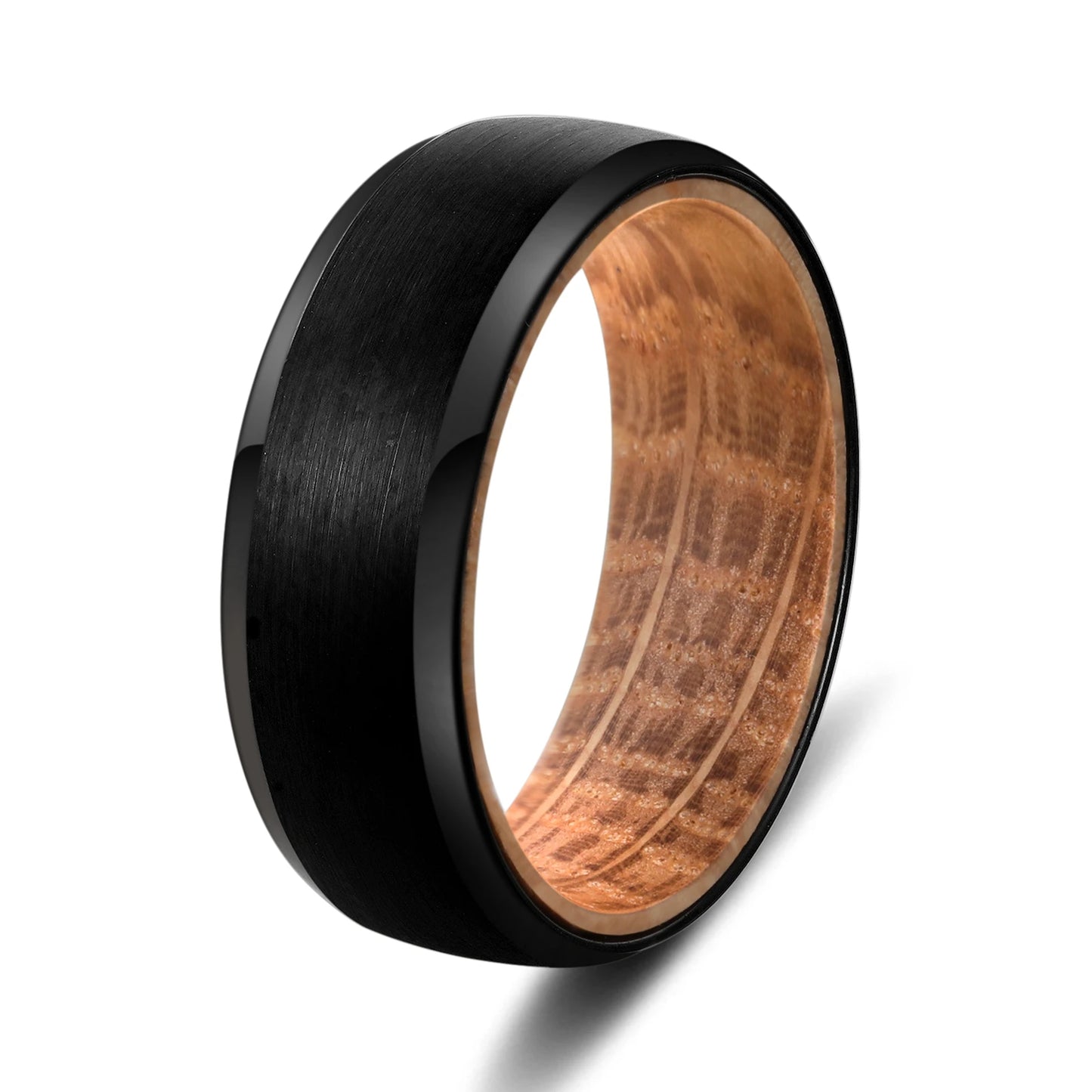 POYA 8mm Silver Black Tungsten Rose Wood Inlay Simple Mens Wedding Band Bevelved Edge Matte Finished