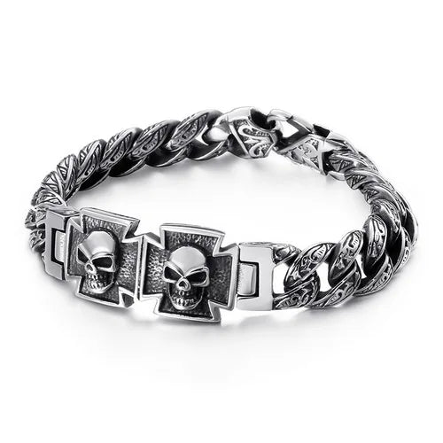 VIKING Mens Retro Skull Charm Bracelet – Silver Stainless Steel