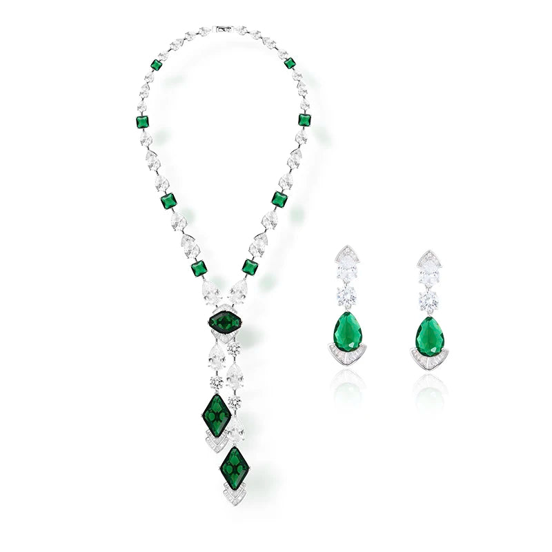 Elegant Women's Brass V-Shaped Necklace Earrings Simple Green Zircon Gemstone Sweater Chain Fashionable Weddings Parties Gifts