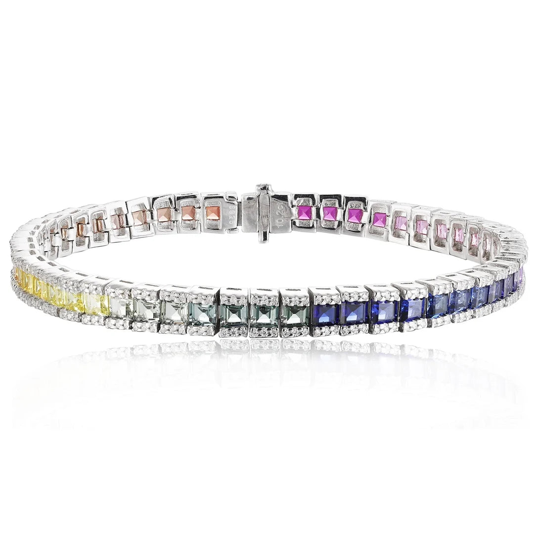 Gemfiori Rainbow Color Lab-Grown Gemstone Tennis Bracelet 925 Sterling Silver Multi-Color Princess Cut Jewelry for Gift