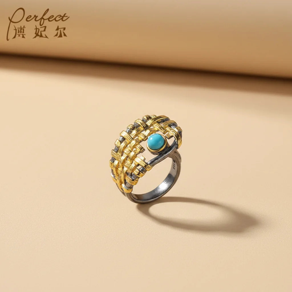 OEM/ODM Handmade 925 Sterling Silver Synthetic Turquoise Ring With Gold Plated Design