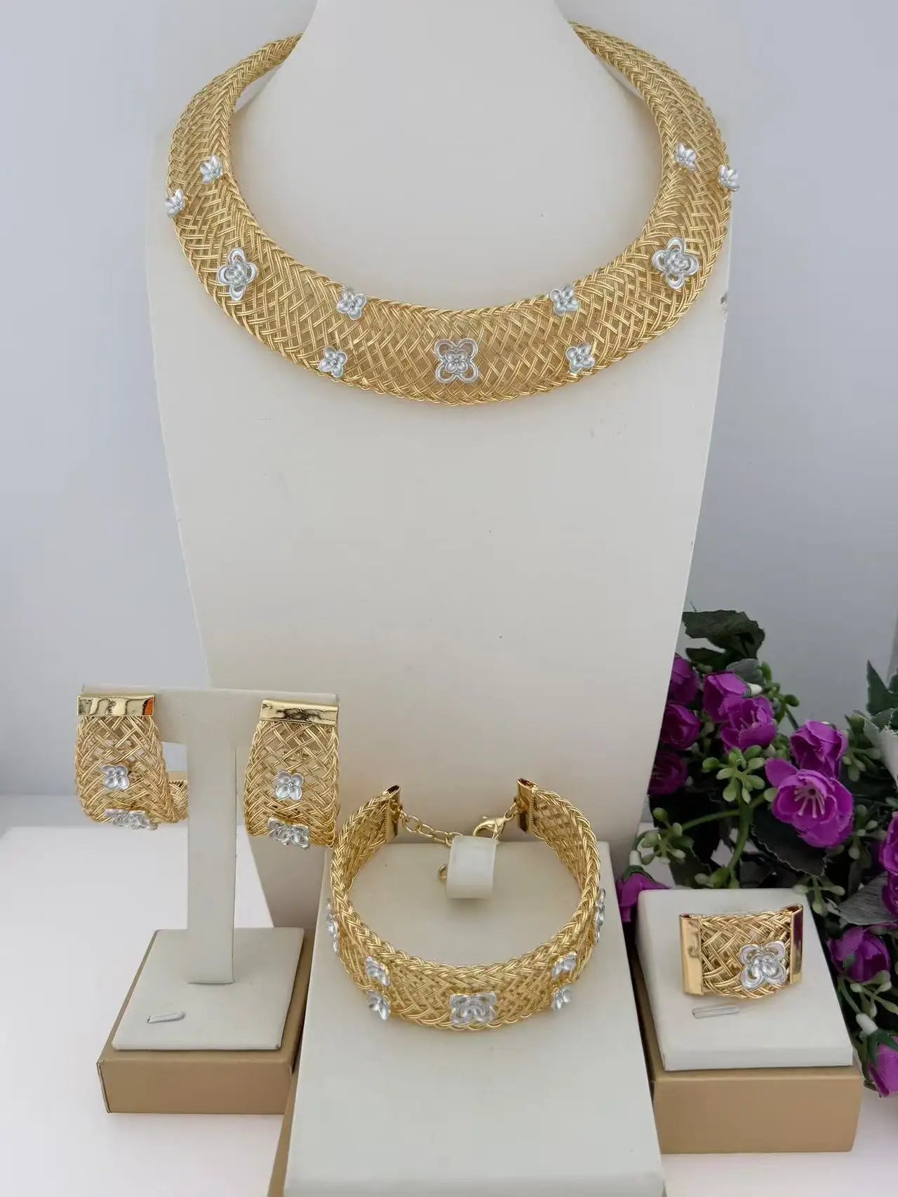 Brazilian Luxury Gold-Plated Jewelry Sets Necklace Bracelet Earrings Ring Four-Piece Sets Colorful Women's Wedding Jewellery Set