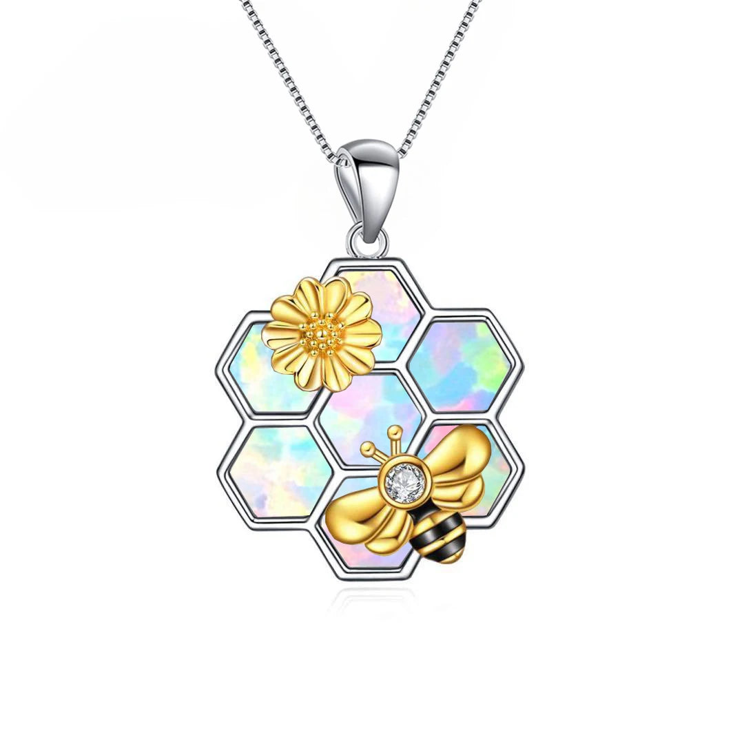 Honeycomb Bee & Flower Pendant Necklace Aobao Whimsical Fashion Jewelry for Daily Wear