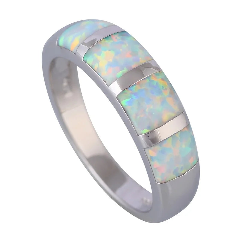 Geometric Overlay Opal Open Ring | Blue/Iridescent Gem Inlay  Band | Nature-Themed Fashion Jewelry for Women