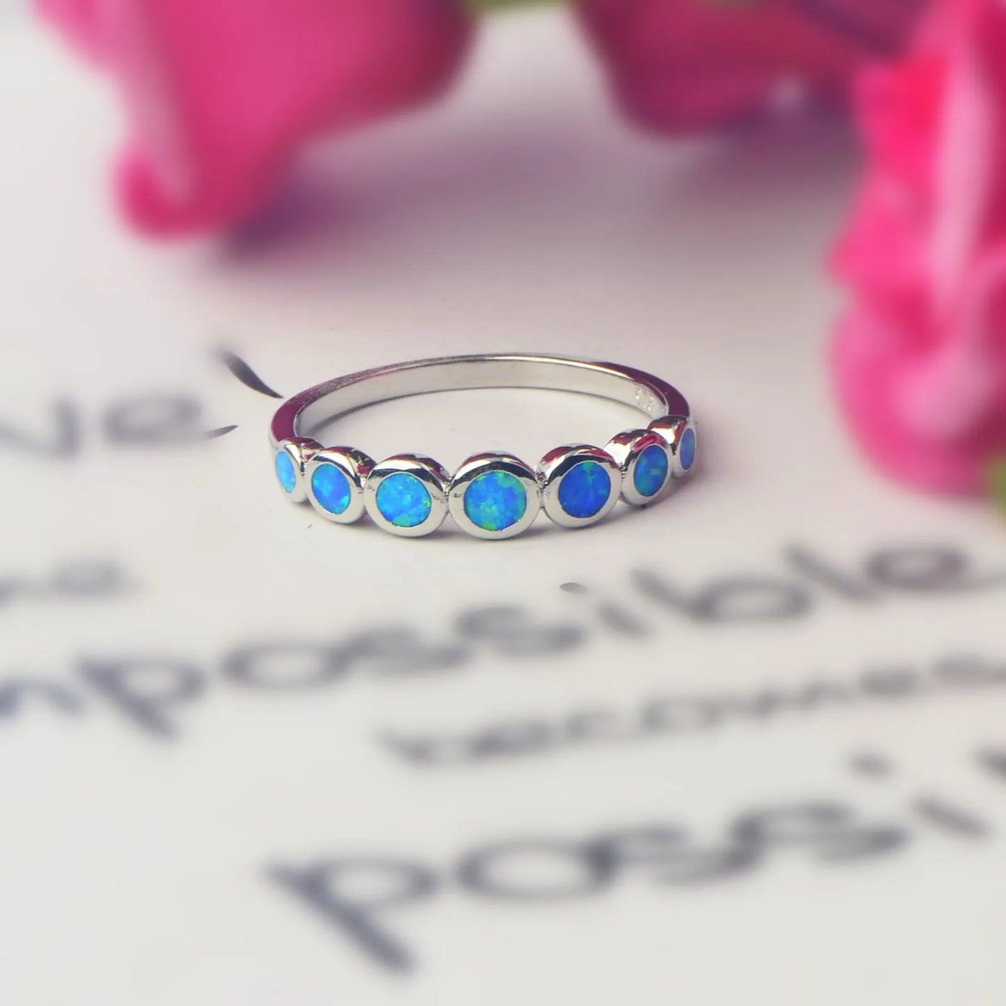Gradient Round Blue Opal Stackable Ring | Iridescent Gem Inlay  Band | Minimalist Layered Jewelry for Women Trendy Style